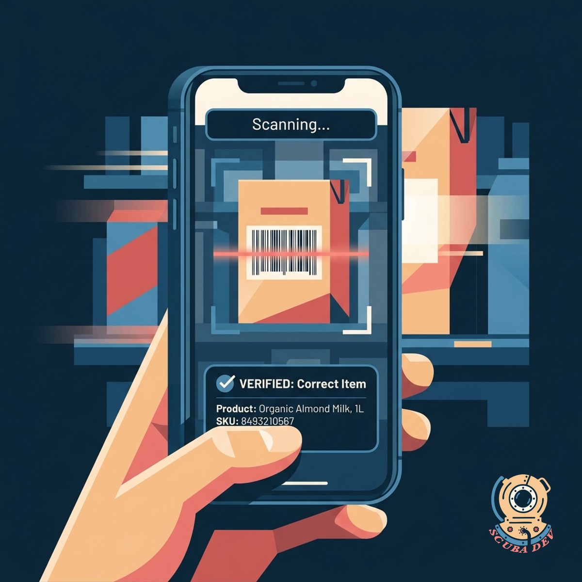 A smartphone screen showing a camera view focused on a barcode with a green confirmation checkmark overlaid.