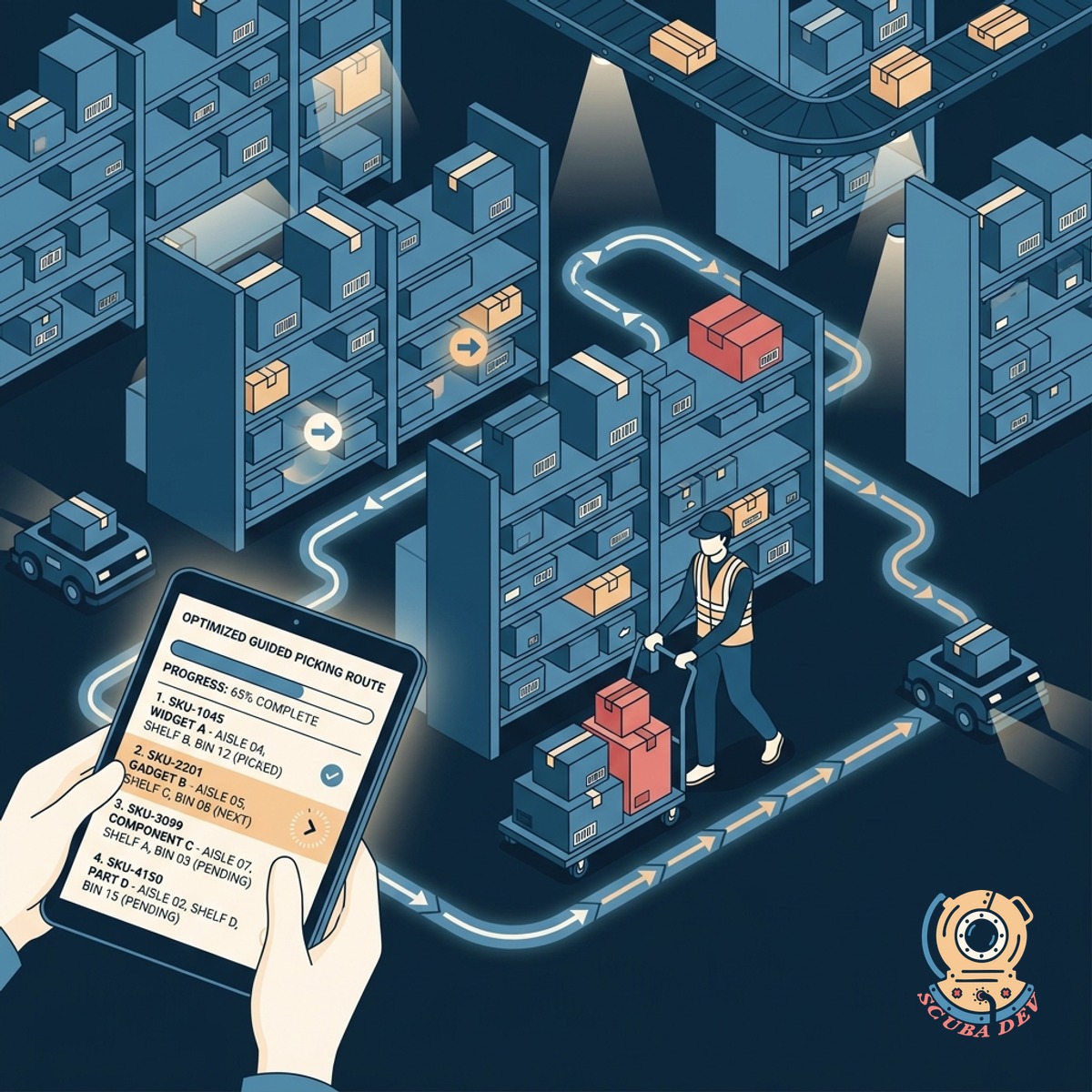 A top-down map view of a warehouse layout showing a highlighted path connecting different shelving units.