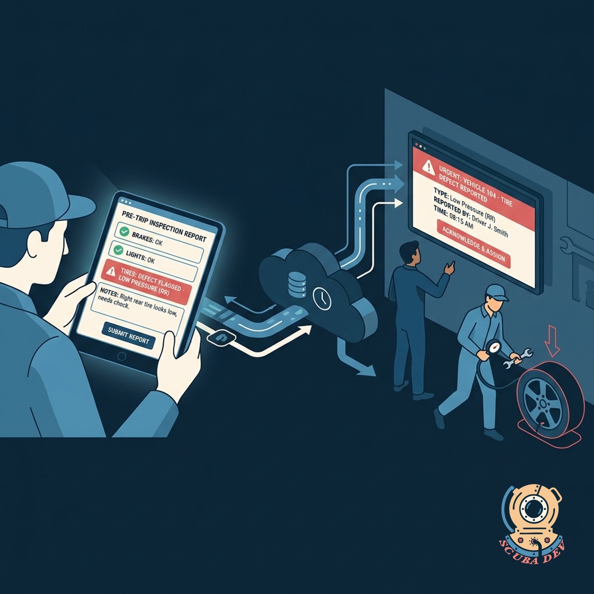 A digital vehicle inspection report form on a tablet highlighting a tire defect with an attached photograph.