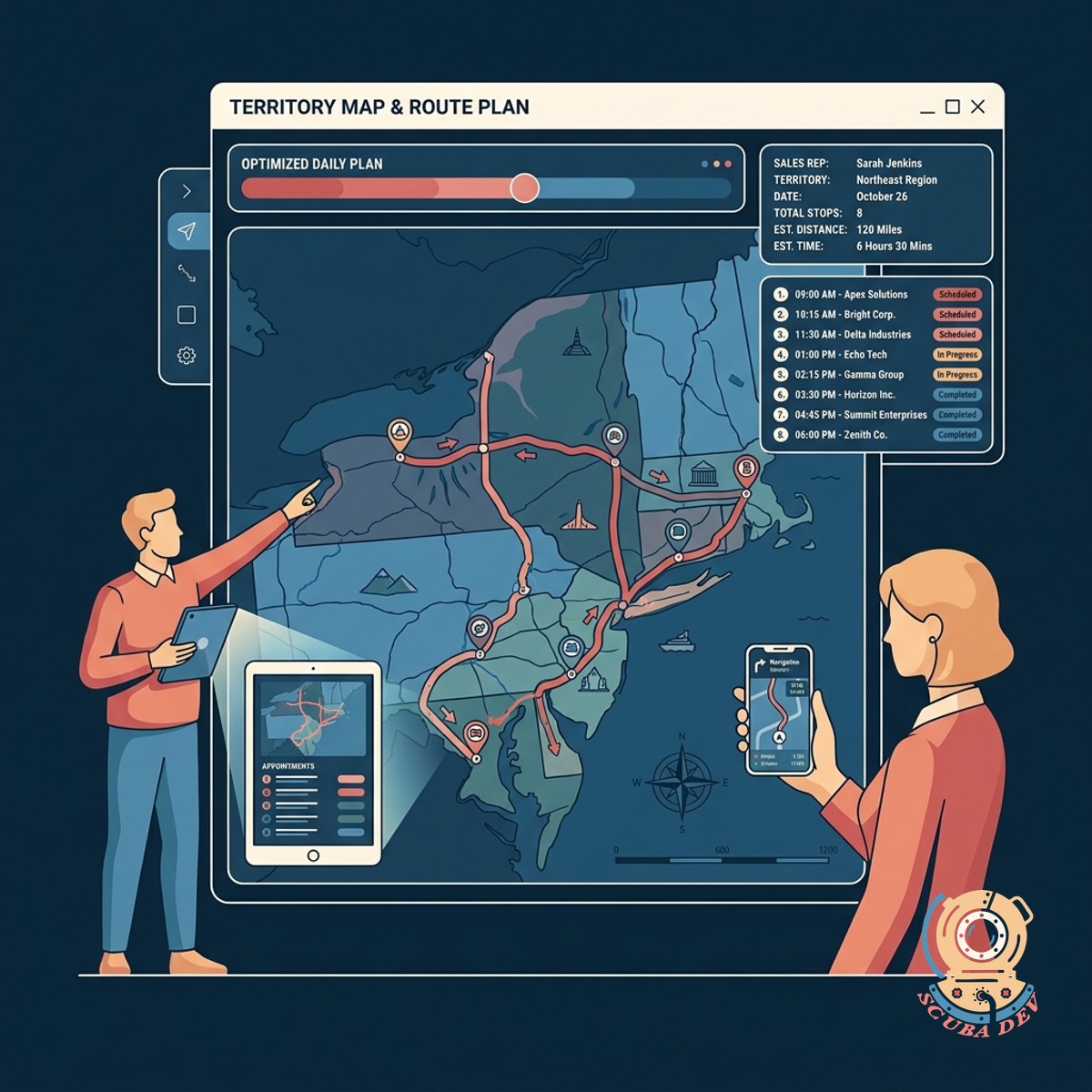 A map interface displaying sales territories with optimized driving routes and account pins.