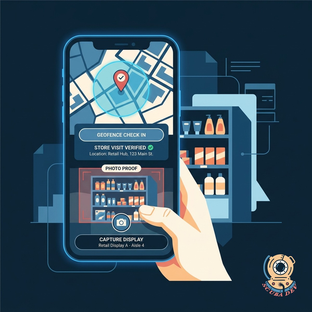 A mobile screen showing a successful geofence check in and a photo upload feature for retail display verification.