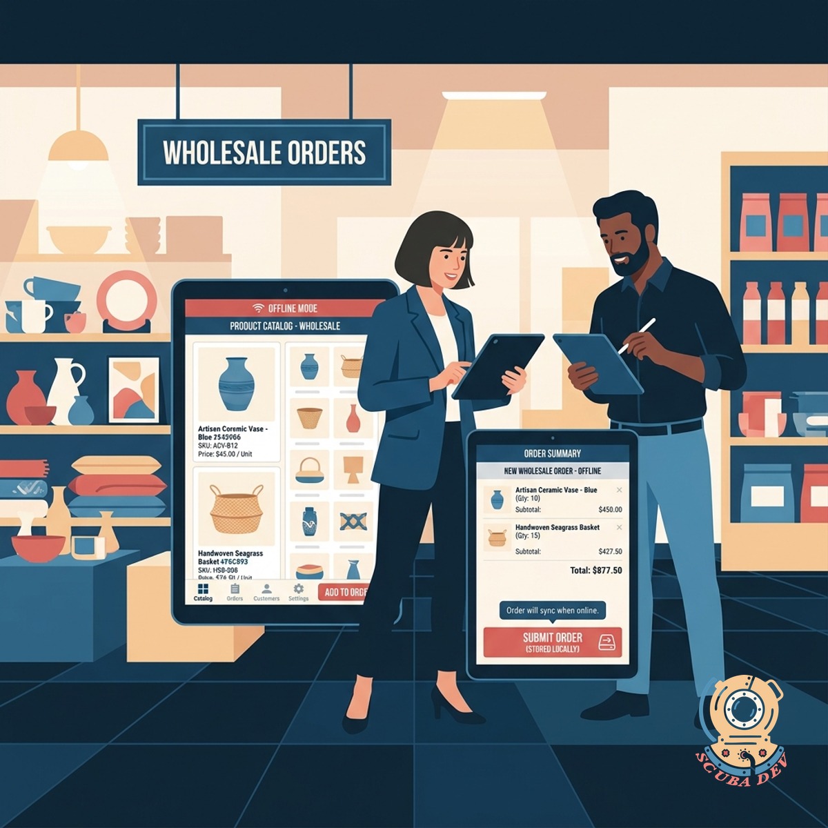 An offline order entry screen displaying a product catalog and a drafted wholesale order ready for synchronization.