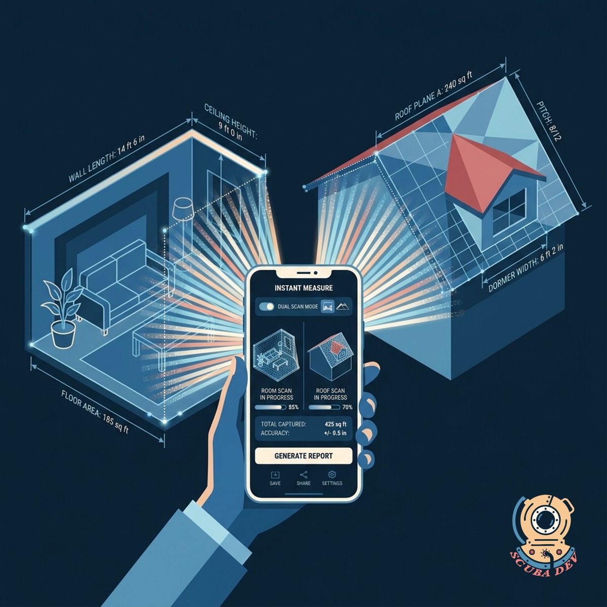 Smartphone screen displaying a real time 3D wireframe overlay on a physical room being scanned.