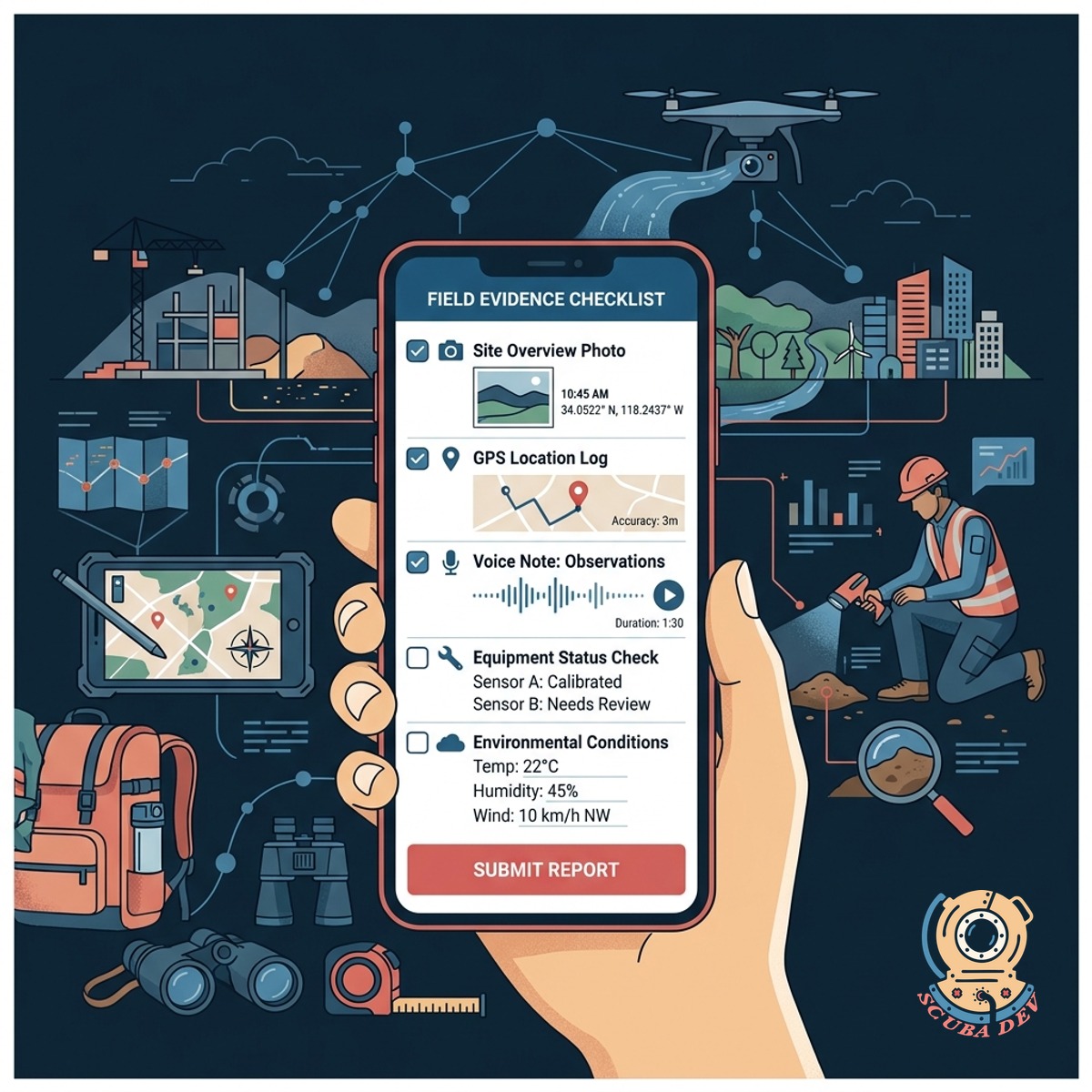 A mobile application screen showing a custom safety checklist with buttons to add photos and record voice notes.