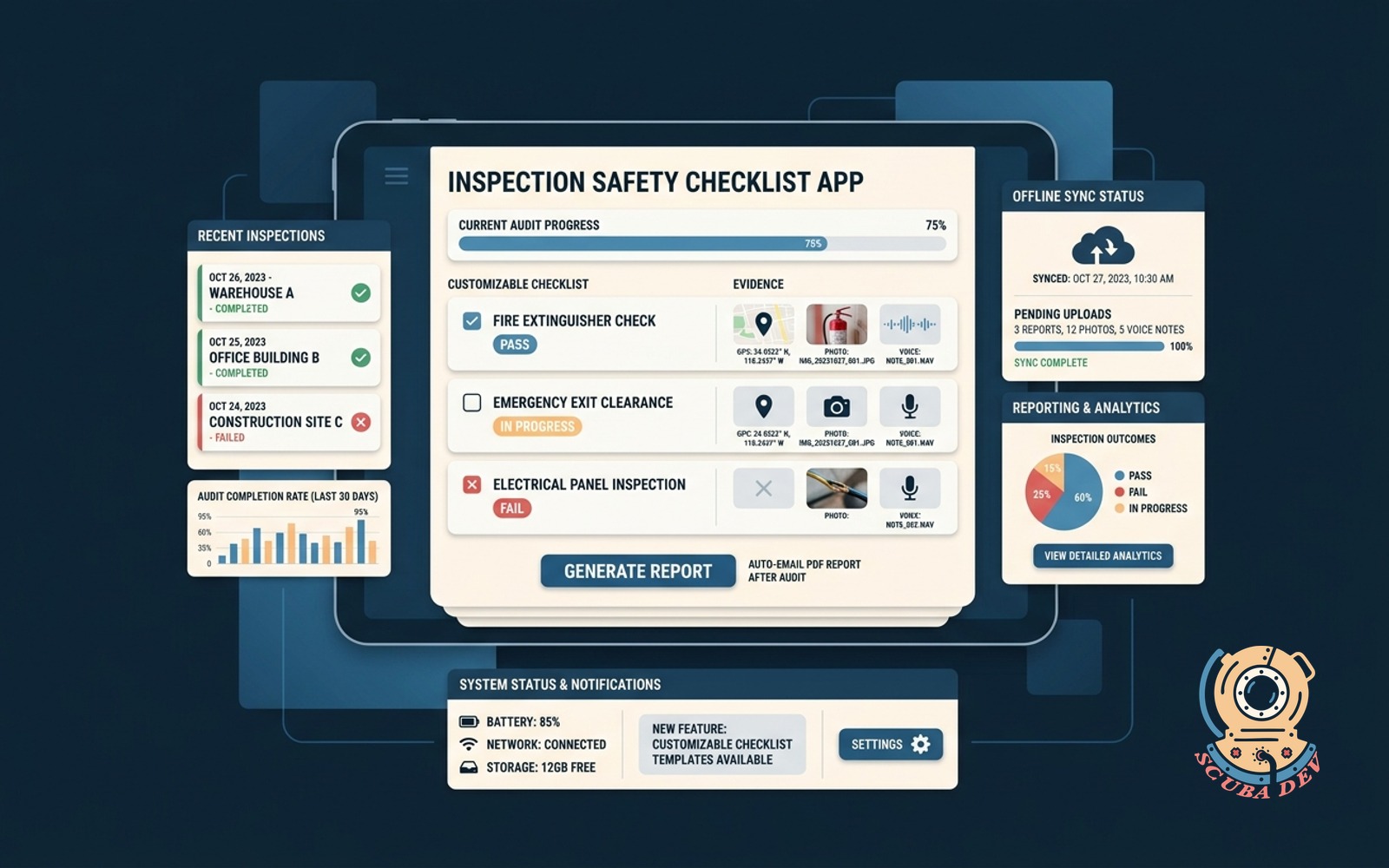 A mobile device displaying a safety inspection checklist app with options for photo uploads, voice notes, and GPS location tracking for field audits.