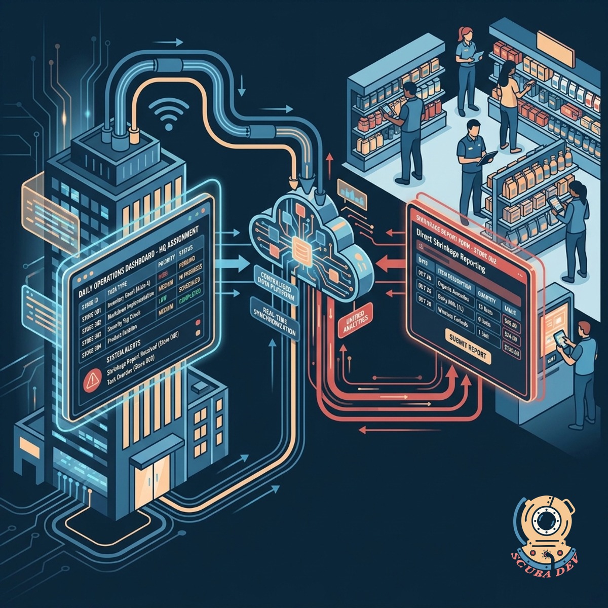 A mobile dashboard showing a checklist of daily retail tasks alongside a form for reporting damaged inventory.