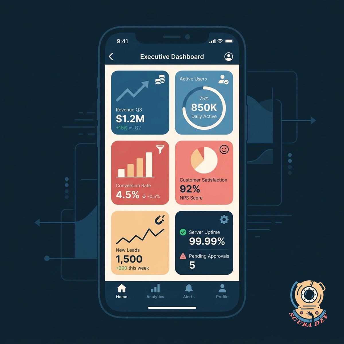 A smartphone screen displaying a grid of six metric tiles with clean typography and simple trend graphs.