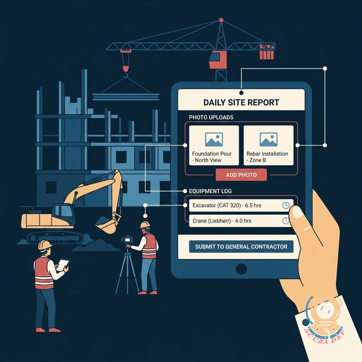 A mobile app screen displaying a photo gallery of construction progress and a checklist of heavy equipment.
