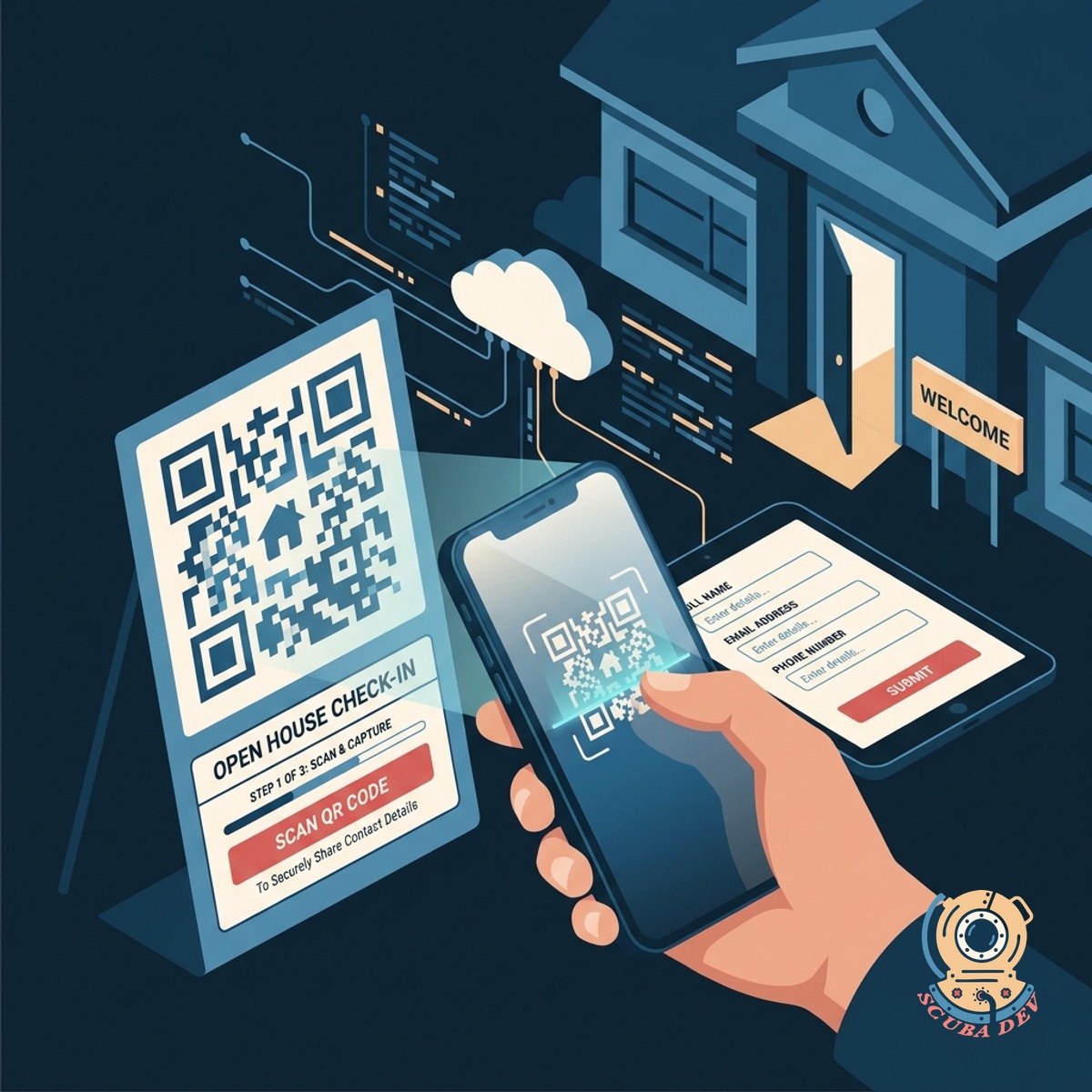 A smartphone scanning a QR code on an open house welcome sign to open a digital sign-in form.