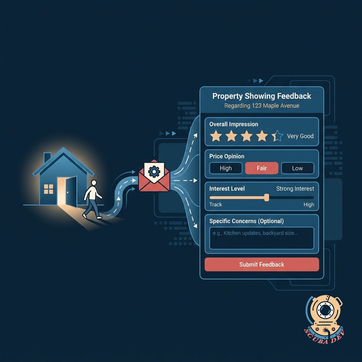 A mobile screen displaying a property feedback survey with rating scales for price condition and location.