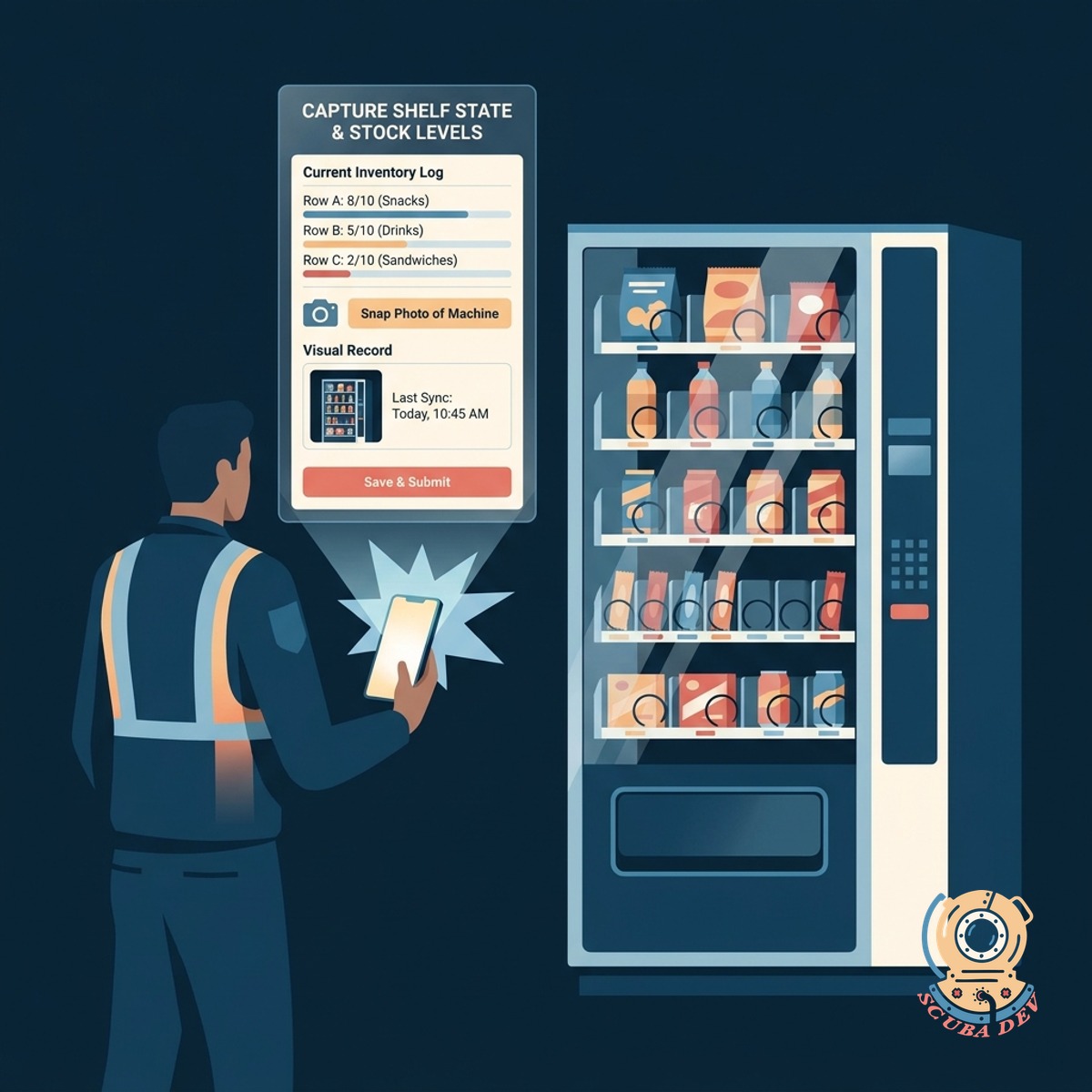 A smartphone screen displaying a camera view of a vending machine with a digital form for entering current inventory counts.