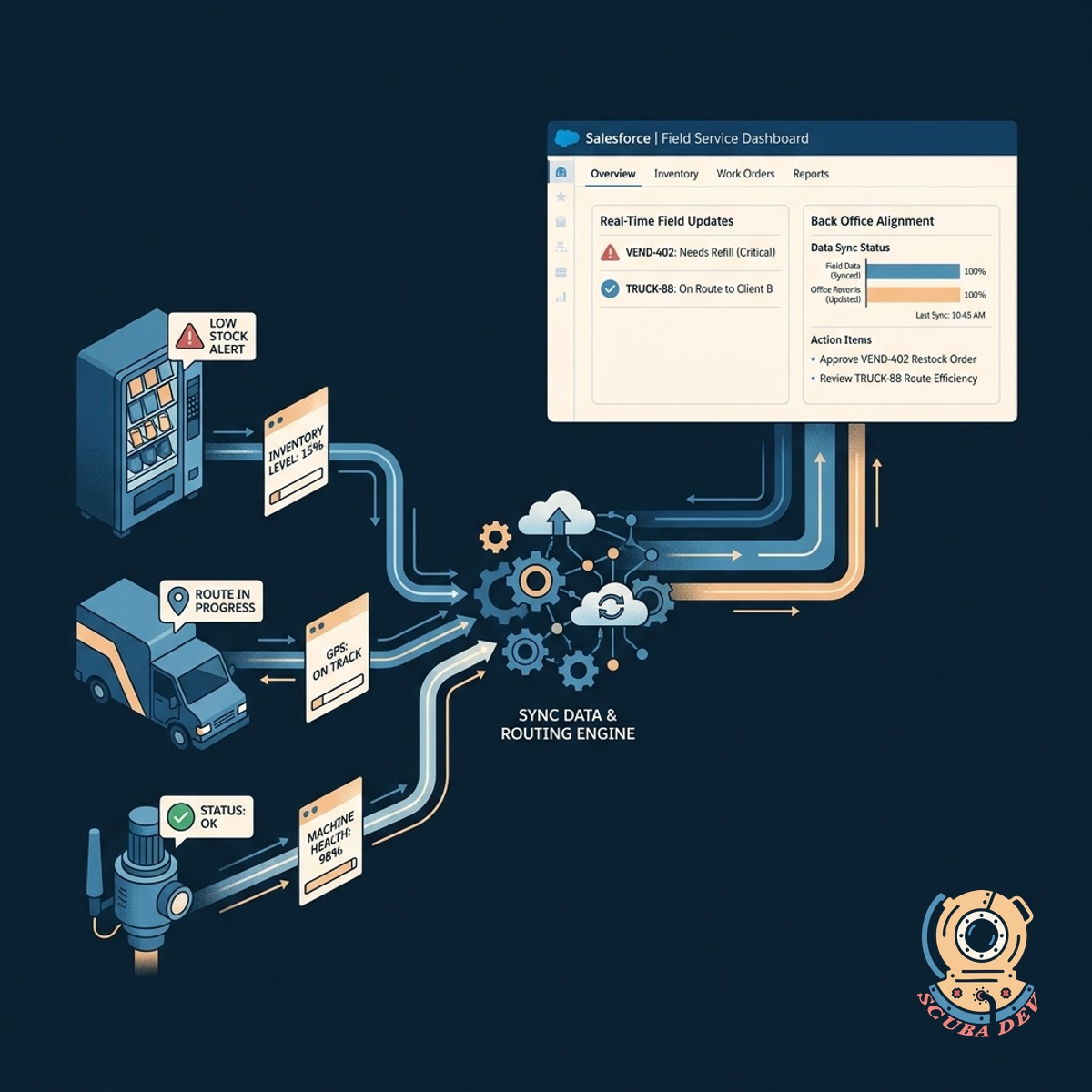 A data flow diagram illustrating inventory counts and photos moving from a mobile device into Salesforce and route management software.
