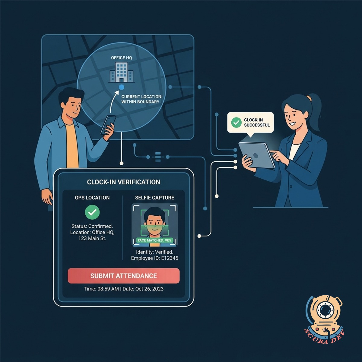A split screen showing a map with a circular geofence boundary on the left and a facial recognition selfie scan on the right.
