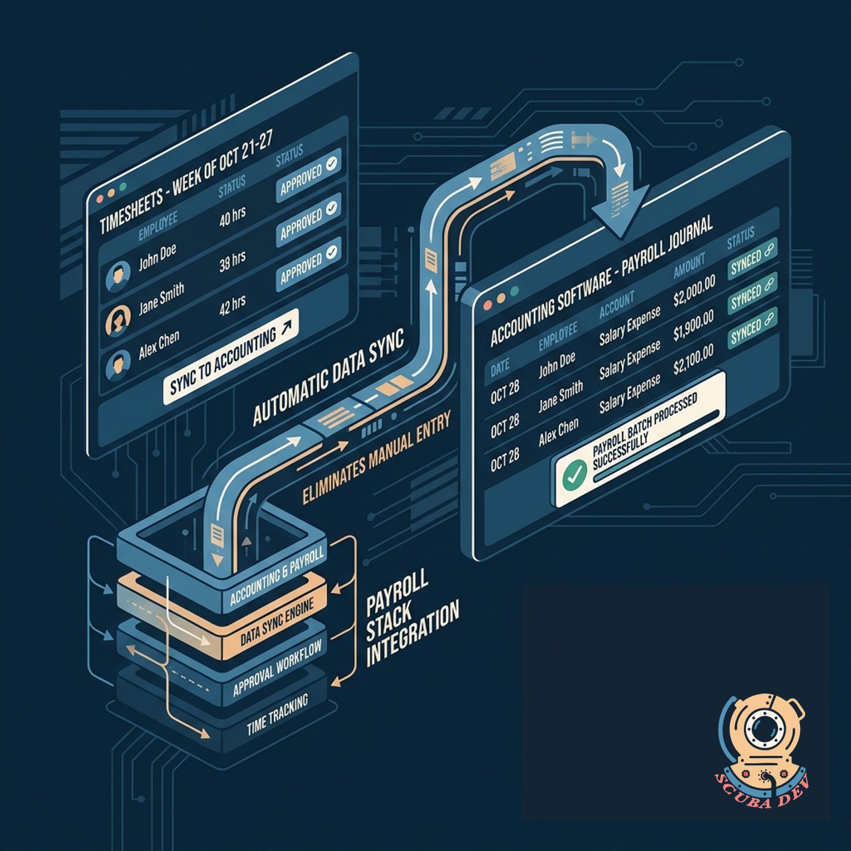 A flowchart diagram showing time entry data flowing from a mobile device directly into Gusto and ADP payroll software logos.
