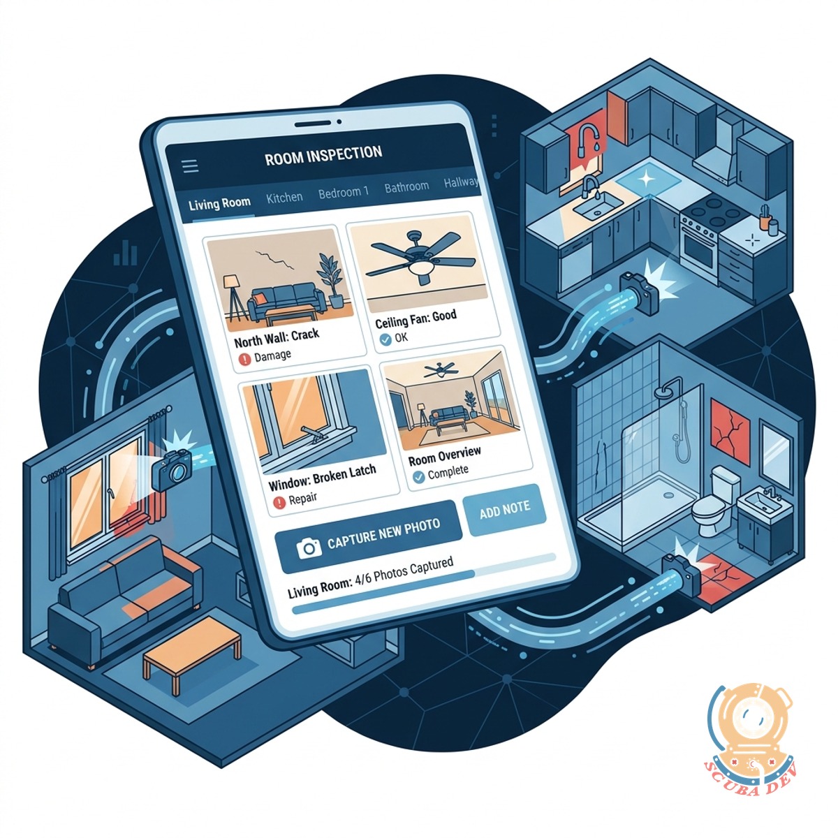 Mobile screen displaying a living room inspection checklist with uploaded photos and a button to add more images.