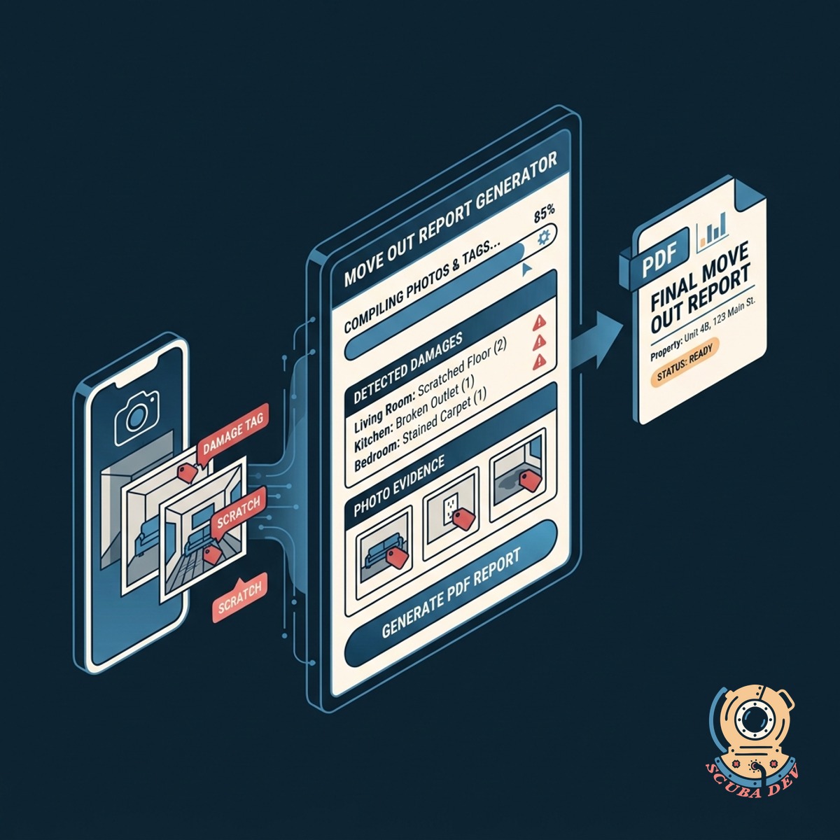 A generated PDF move out report showing property details alongside a grid of room photos and a summary of damage tags.
