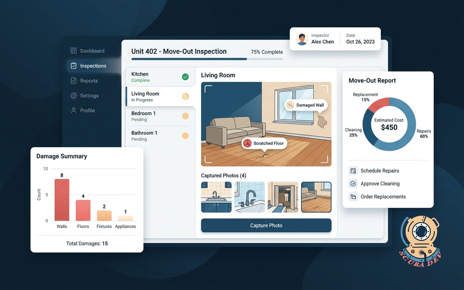 A mobile interface showing a room by room property inspection checklist with photo upload buttons and damage tagging options for a short term rental turnover.