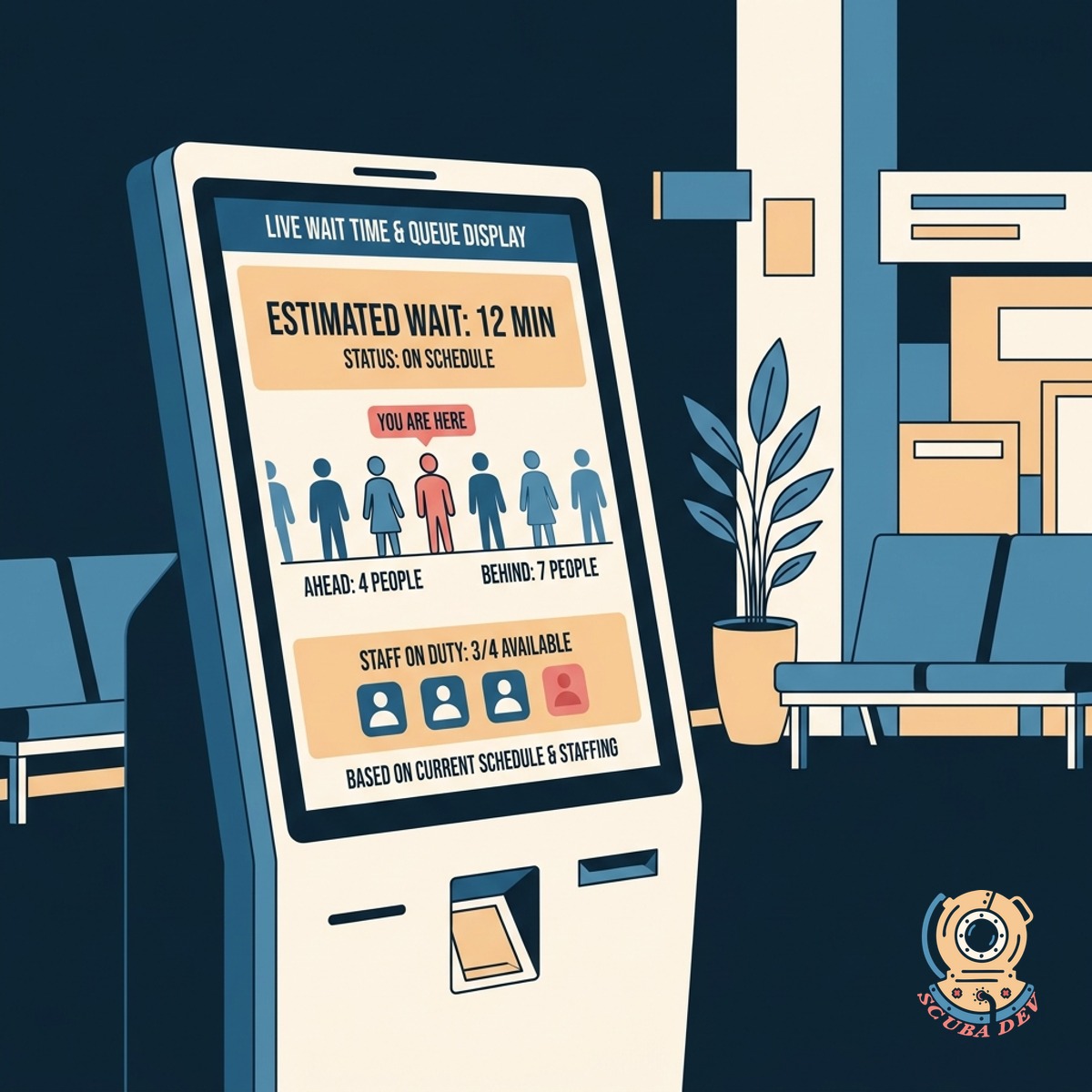 A digital display showing a live queue of customer names and estimated wait times in minutes.