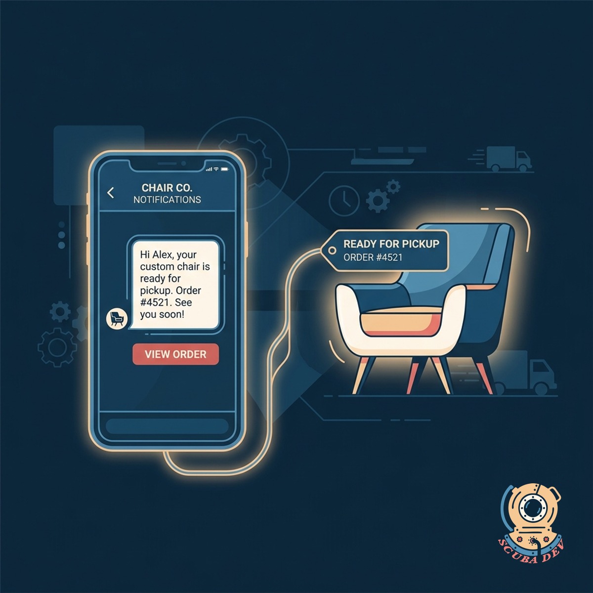 A smartphone screen displaying a text message notification that a salon chair is ready.