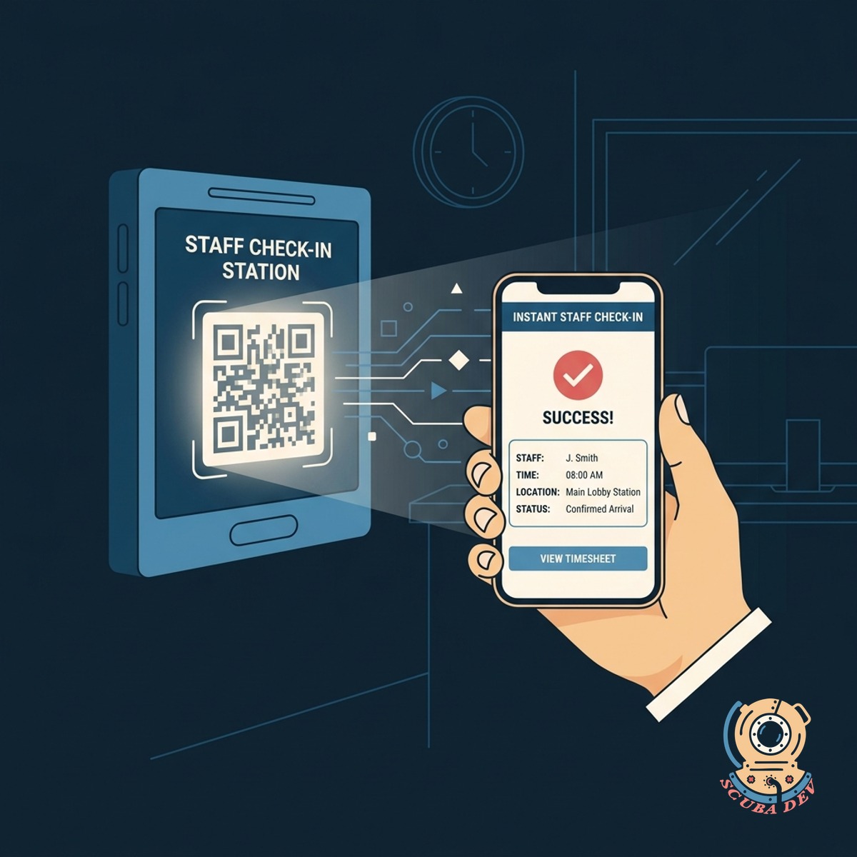 A smartphone scanning a QR code on a lanyard to log a staff member into their shift.