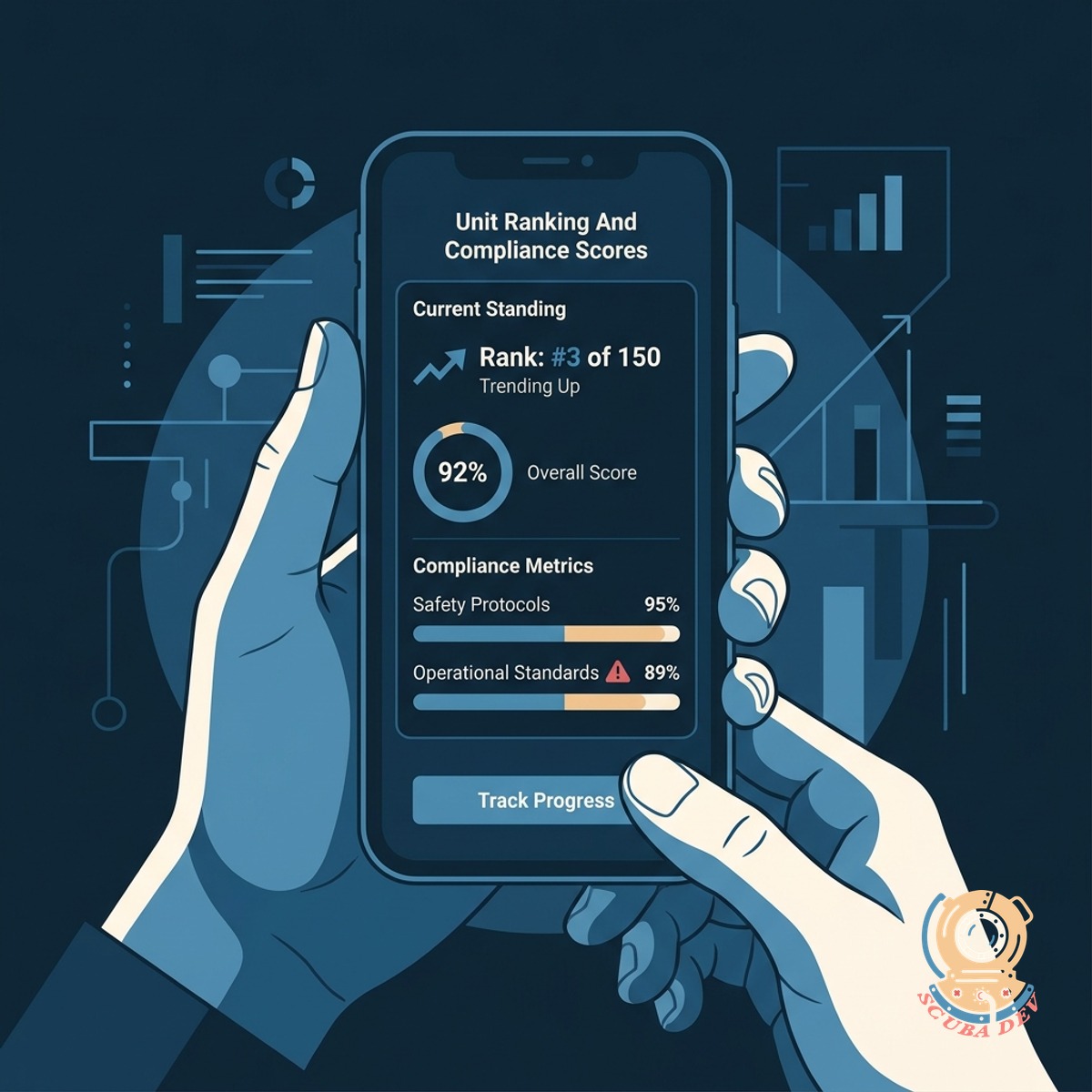 A mobile app screen showing a bar chart of regional franchise rankings and a circular progress indicator for compliance scores.