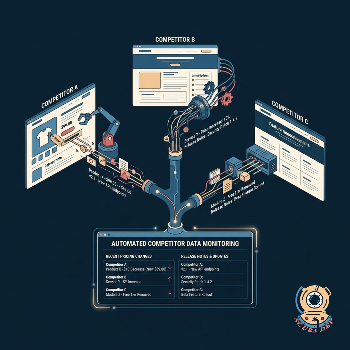 A dashboard displaying automated web scraping tools extracting text and pricing data from a competitor software website.