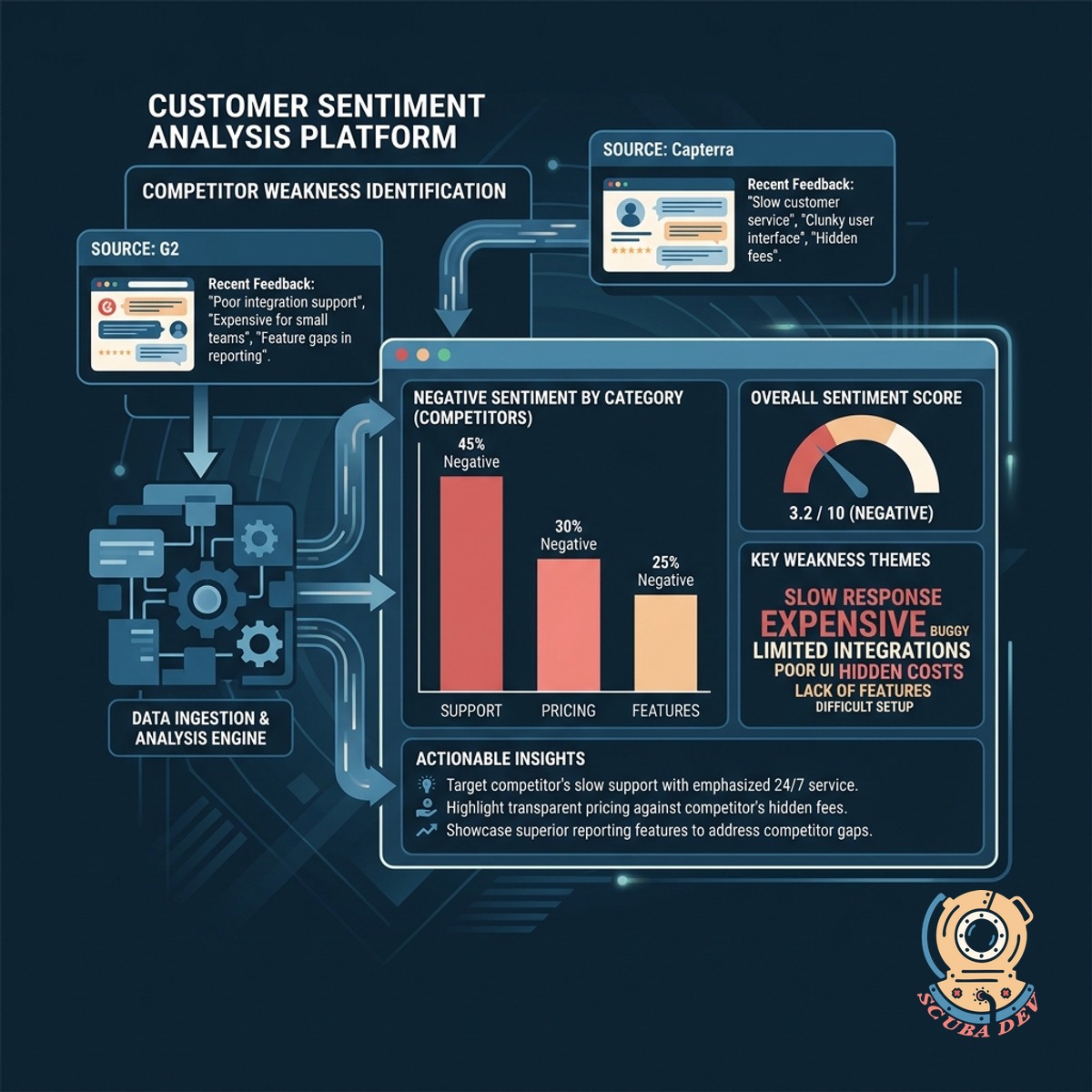 An analytics screen showing aggregated customer reviews and sentiment analysis pulled from third party software review websites.
