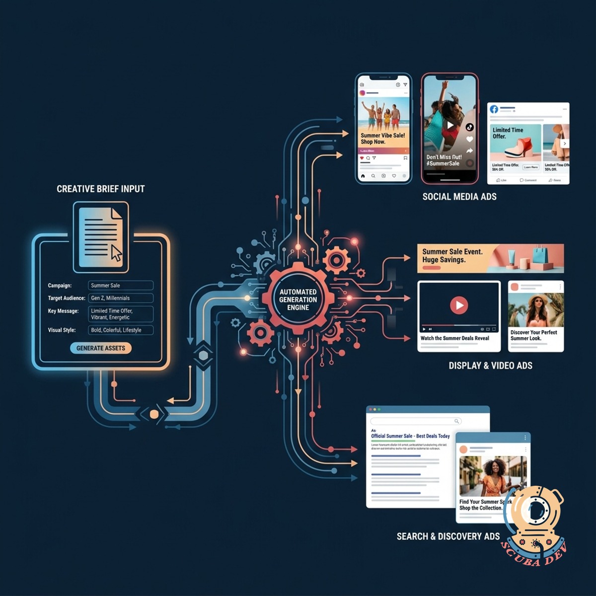 A split screen showing a short text brief on one side and a grid of generated ad creatives formatted for different social platforms on the other.