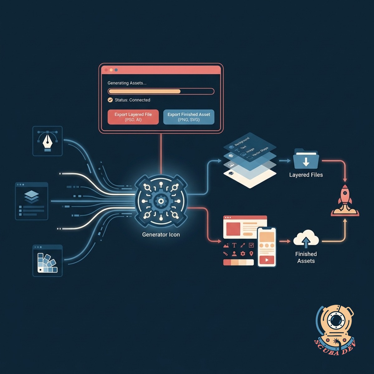 A workflow diagram illustrating data moving from a central generator tool into design software and then directly into various advertising platforms.