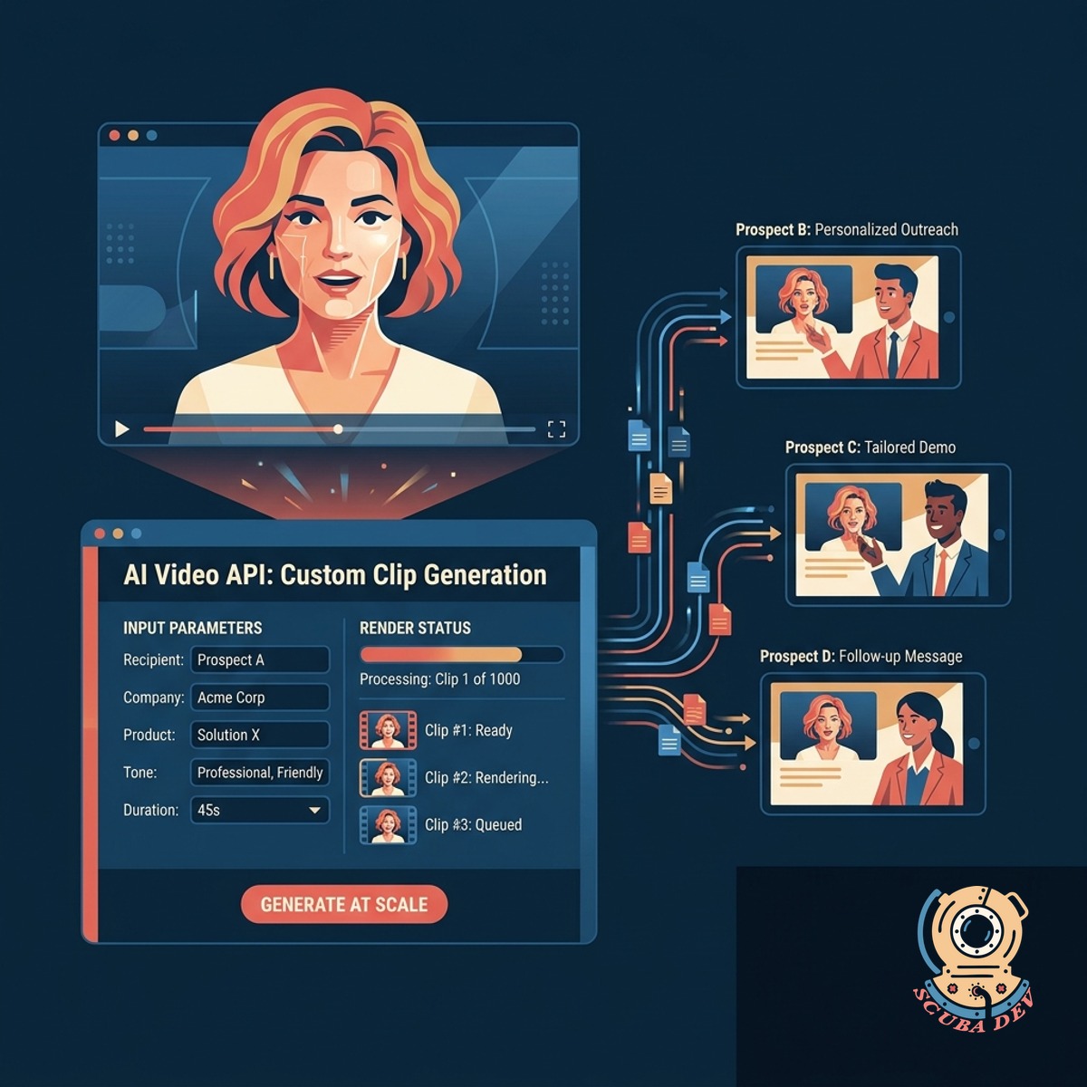 A digital avatar on a computer screen with rendering progress bars and multiple video files stacking up.
