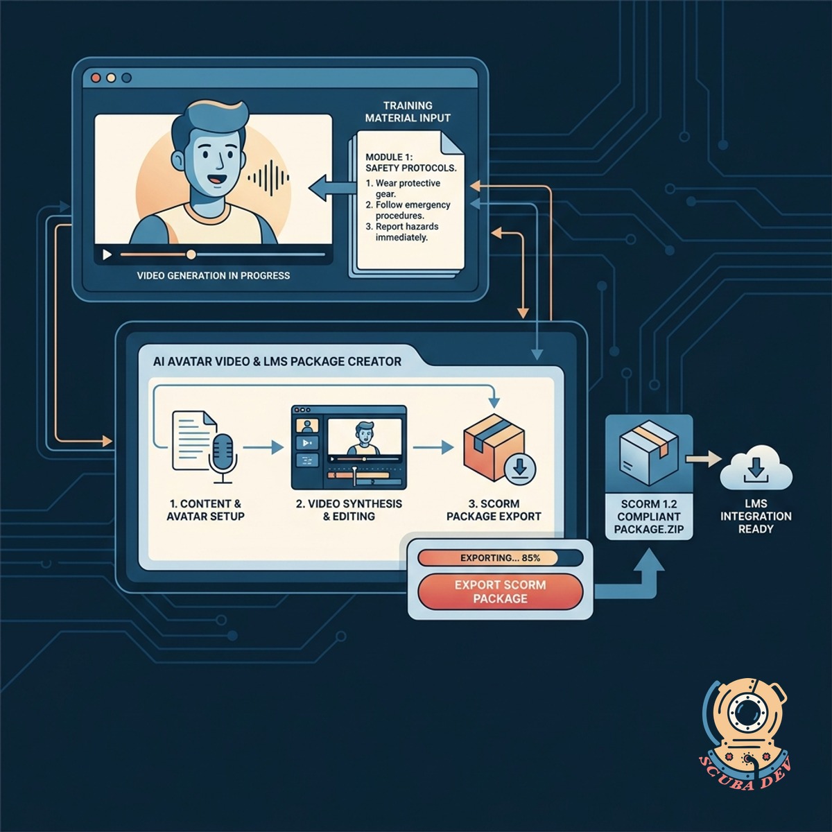 A computer monitor displaying a digital avatar next to a packaged file box ready for upload.