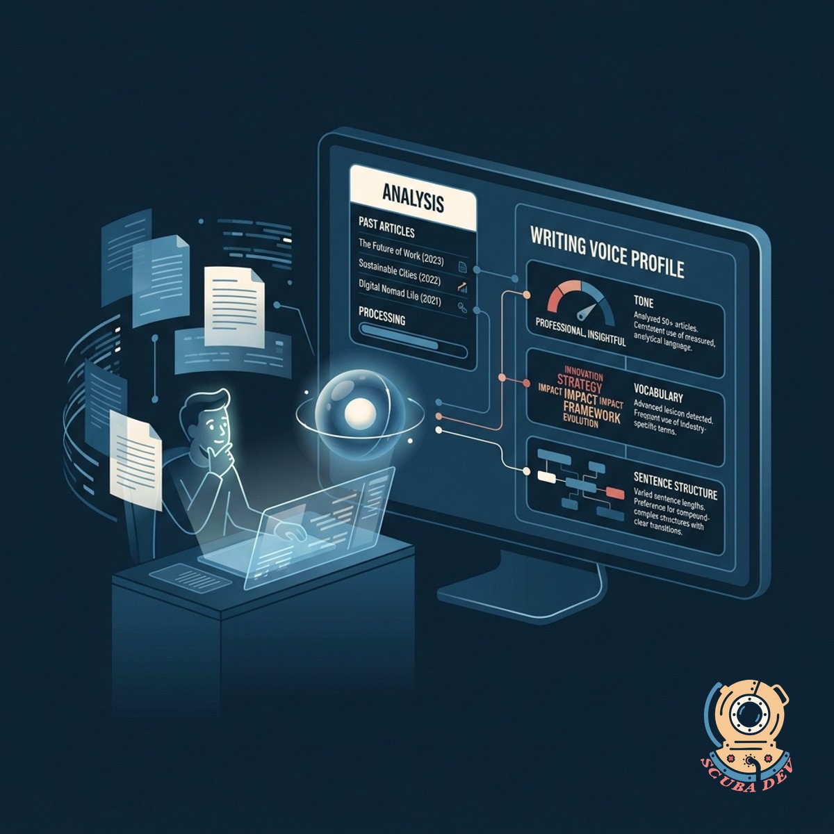 A magnifying glass inspecting a digital document to extract specific words, vocabulary choices, and formatting patterns from the text.