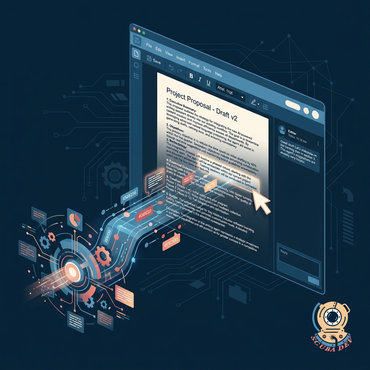 An illustration of a digital workspace where we deliver your completed first draft based on your brief, leaving the final edits entirely up to you.