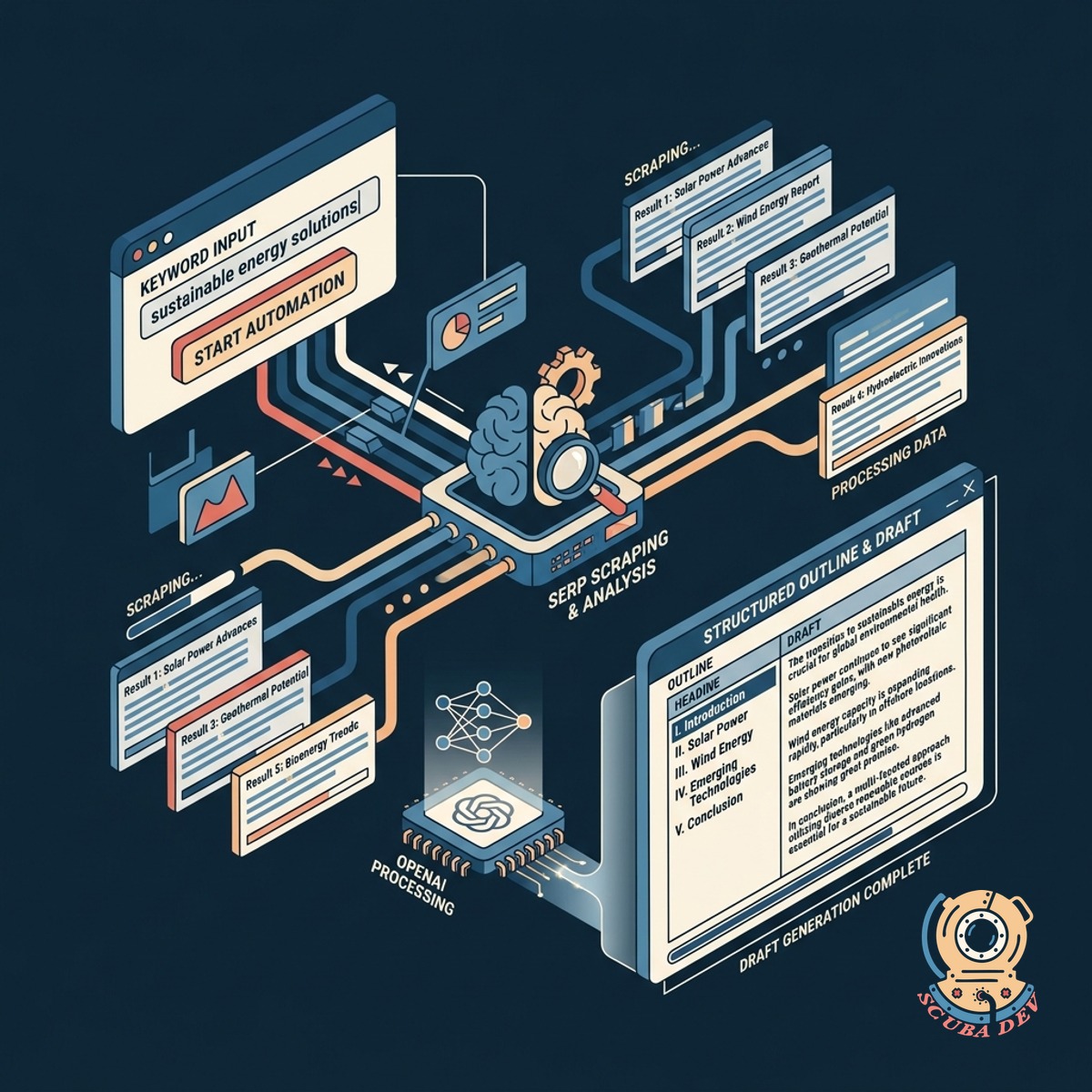 A visual flowchart showing search engine results transforming into a structured text document.