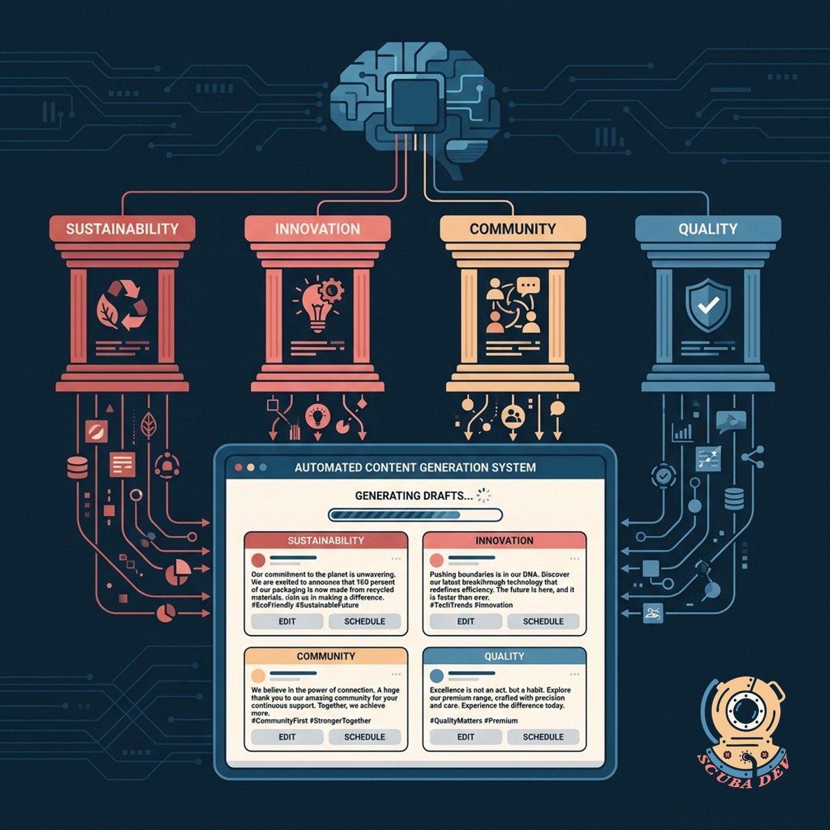 A text generation interface drafting social media posts categorized by four distinct brand pillars.