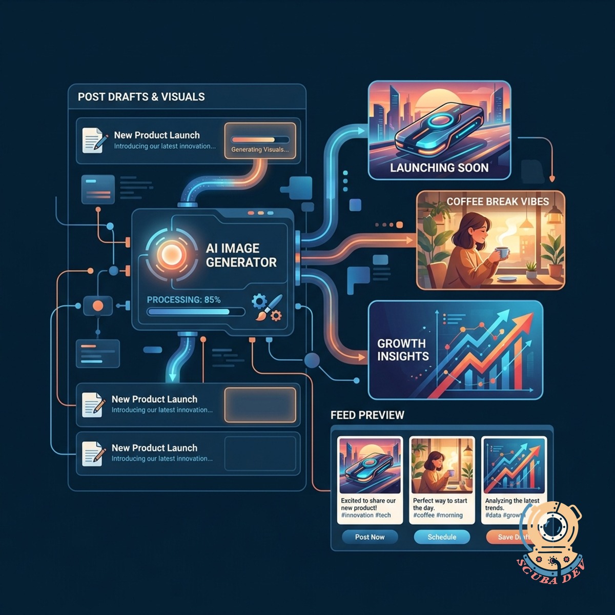 A graphic design tool interface automatically generating square images to match written social media captions.