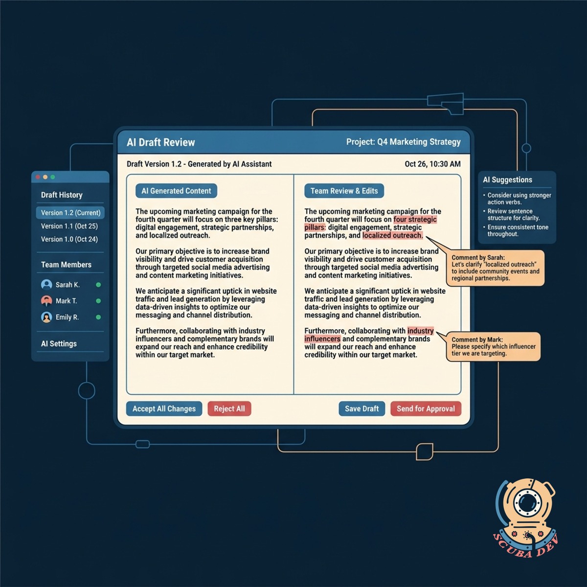 A split screen showing raw AI text automatically formatting into a clean document editor with a sidebar for team comments.