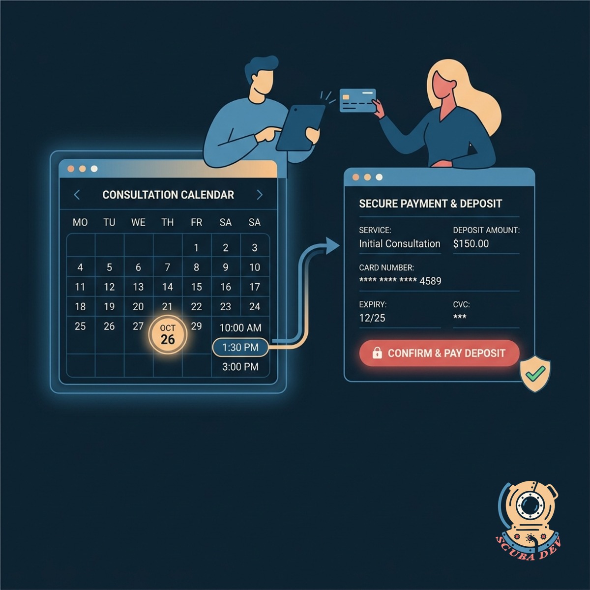A calendar interface linked with a credit card payment terminal and a confirmation checkmark.