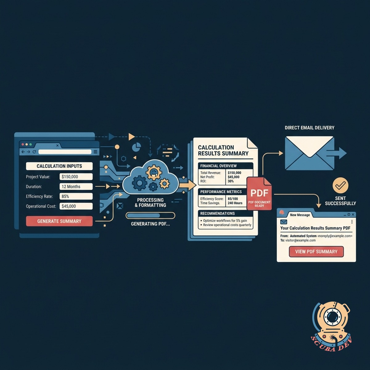 An automated workflow showing data points merging into a branded PDF document and entering an email outbox.