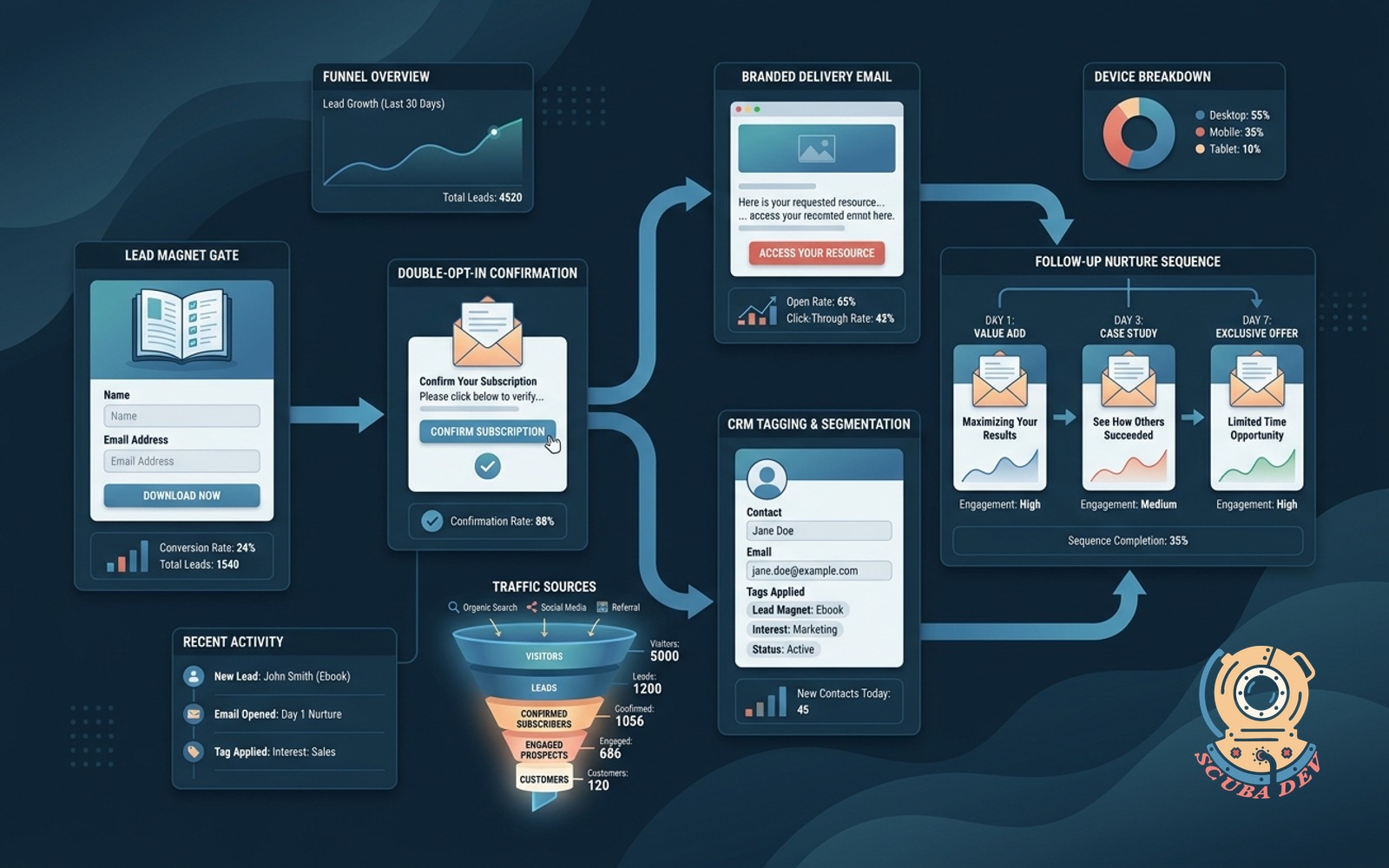 A digital funnel illustration showing a user downloading a checklist while an automated system sends a branded email and adds a contact tag inside a CRM dashboard.