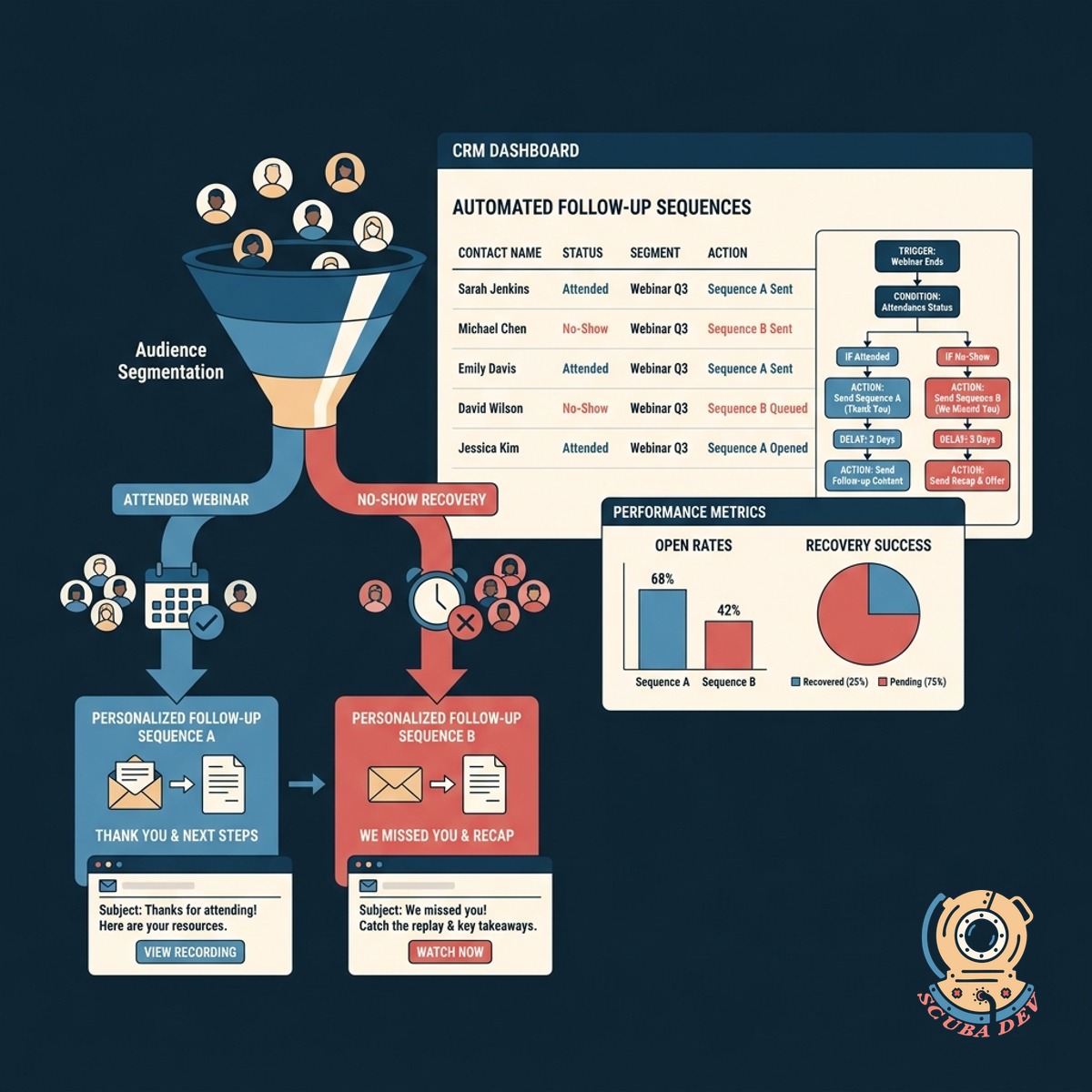 A funnel graphic filtering contacts into different email paths based on their attendance status.