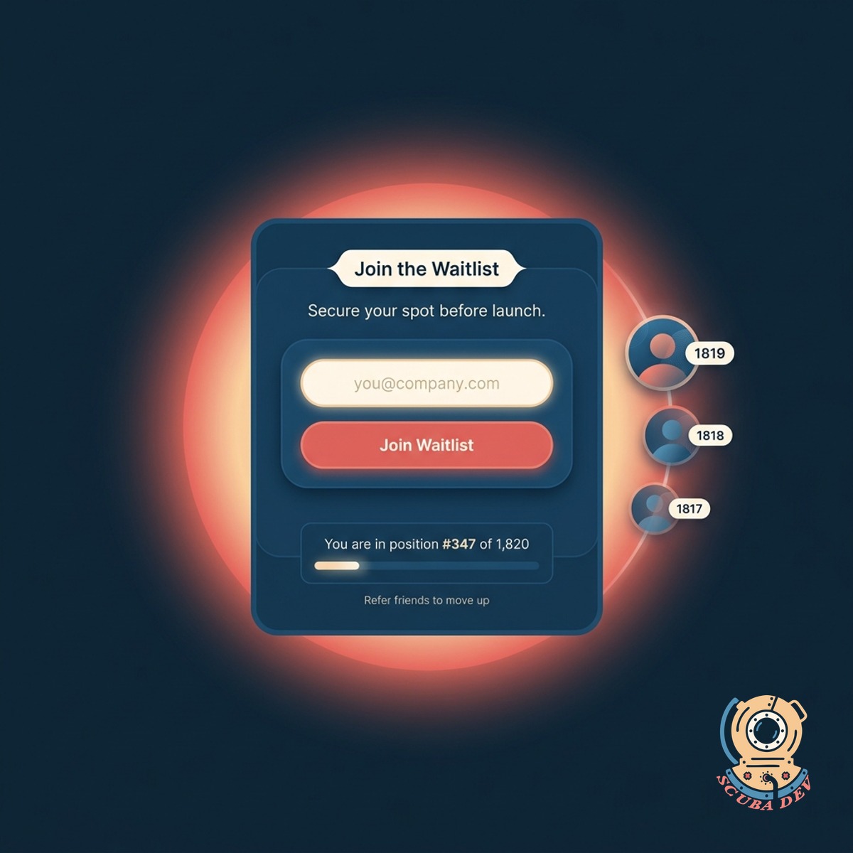 A clean landing page interface featuring a simple form that collects user email addresses to grant early access to an upcoming product release.