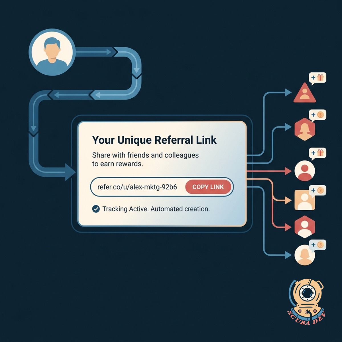 A user dashboard displaying a unique referral URL alongside dedicated buttons designed to share the link directly to various social media platforms.