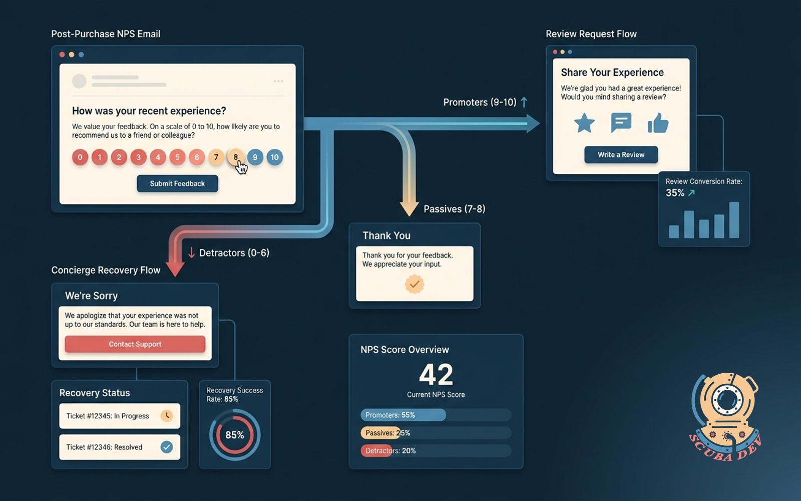 A digital flowchart illustrating a post purchase customer journey where an email survey branches into a public review request for high scores and a support ticket for low scores.