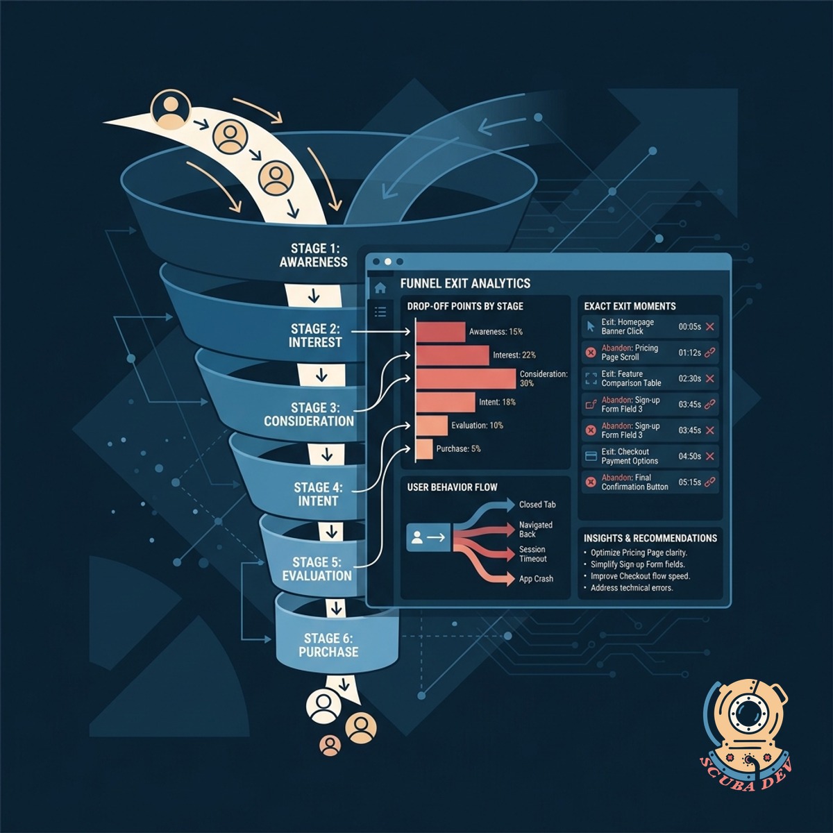A magnifying glass focusing on a specific step in a multi-stage digital conversion funnel showing where a user left the page.