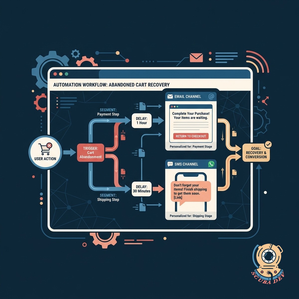 An automated workflow diagram connecting a dropped funnel step to an email envelope and a mobile phone text message bubble.
