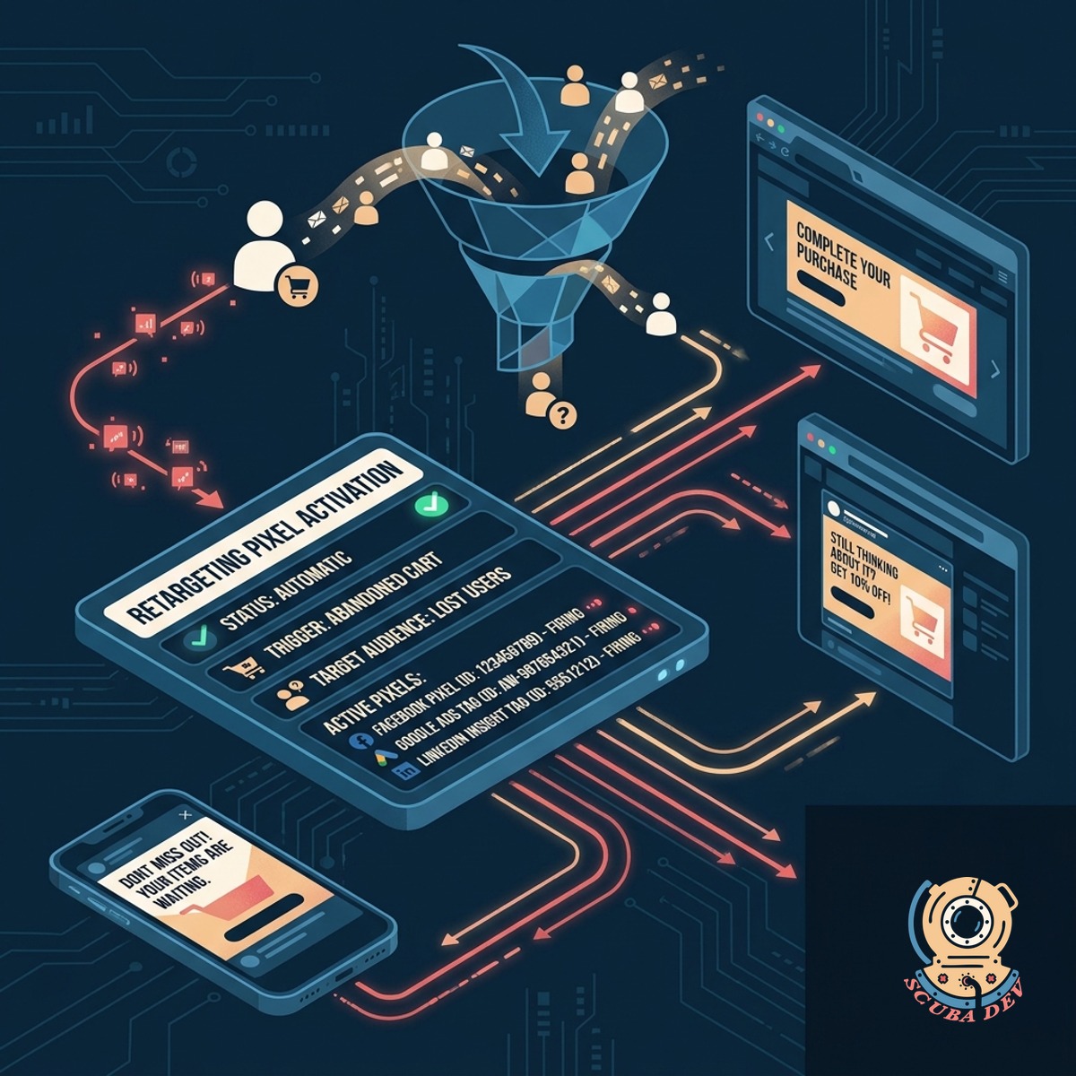 A digital gear mechanism linking a website visitor profile to various social media and search engine advertising retargeting pixels.