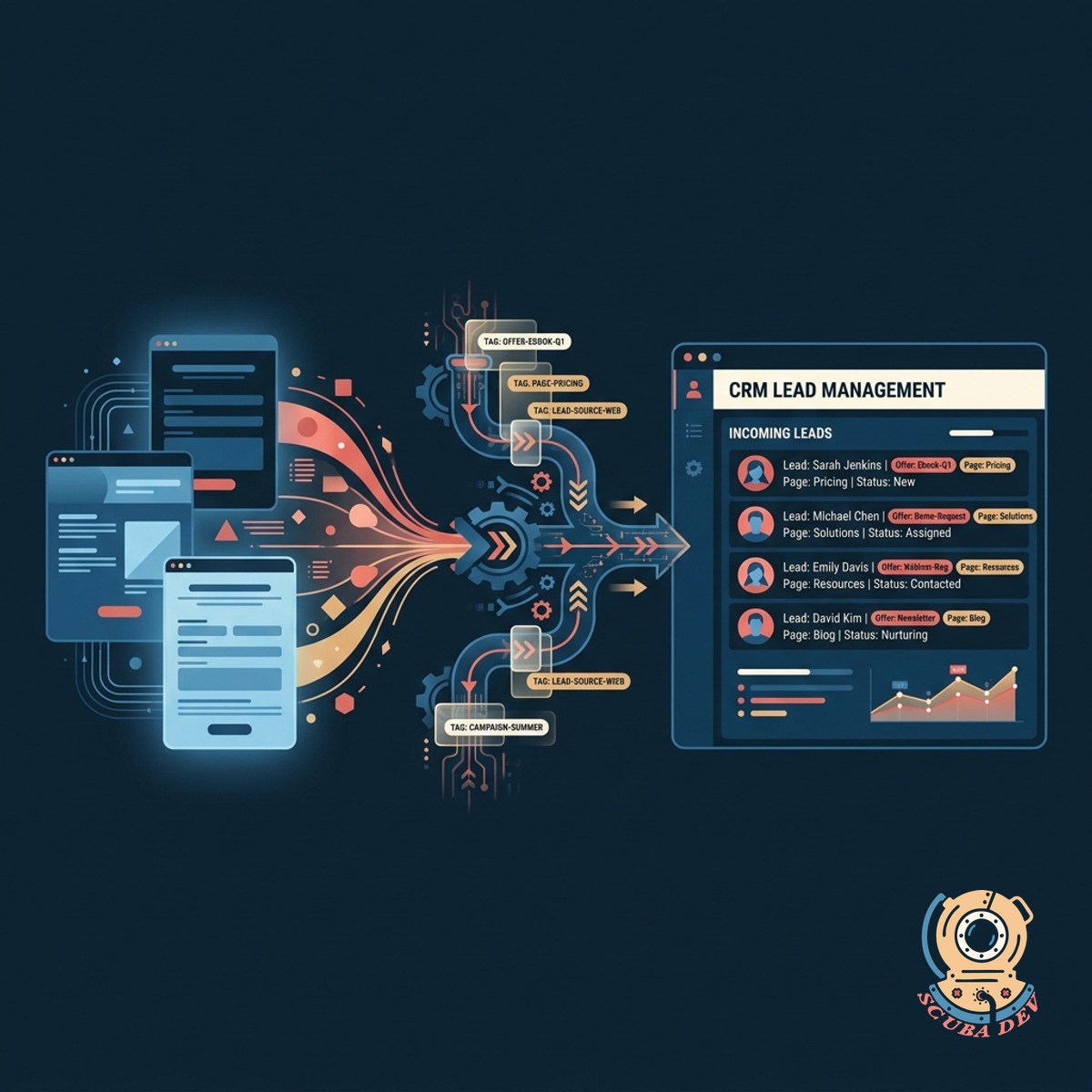 A flowchart showing user data moving from a web popup into a CRM database with specific tags attached to the profile.
