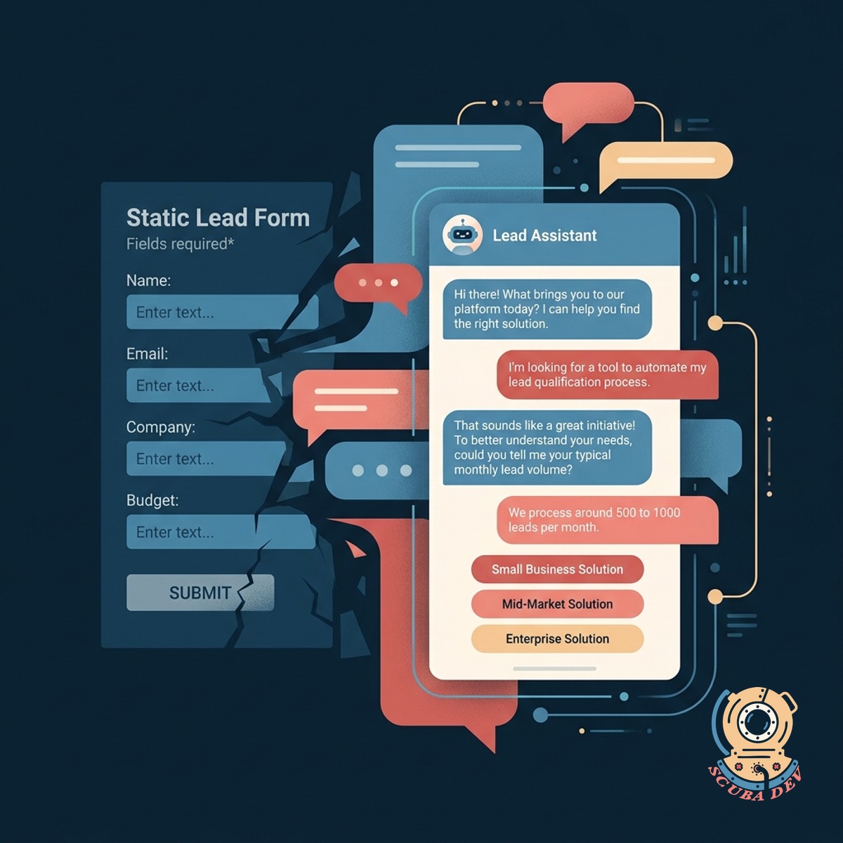 A chat widget asking a website visitor about their project requirements and capturing their email address.