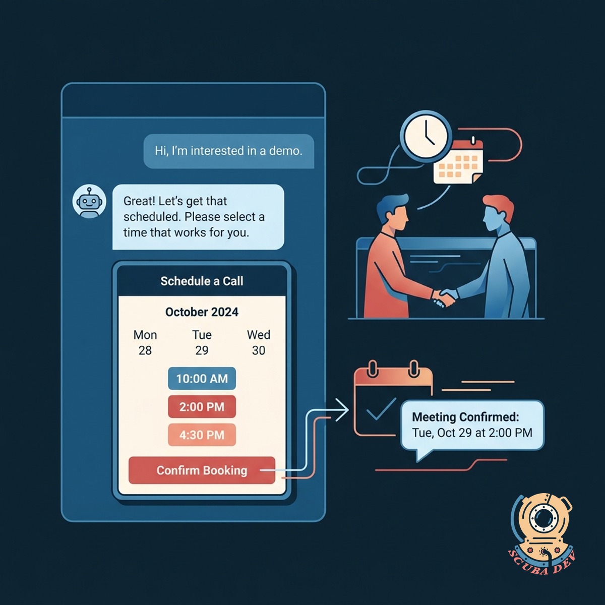 A calendar interface embedded directly within a chat window showing available appointment times.